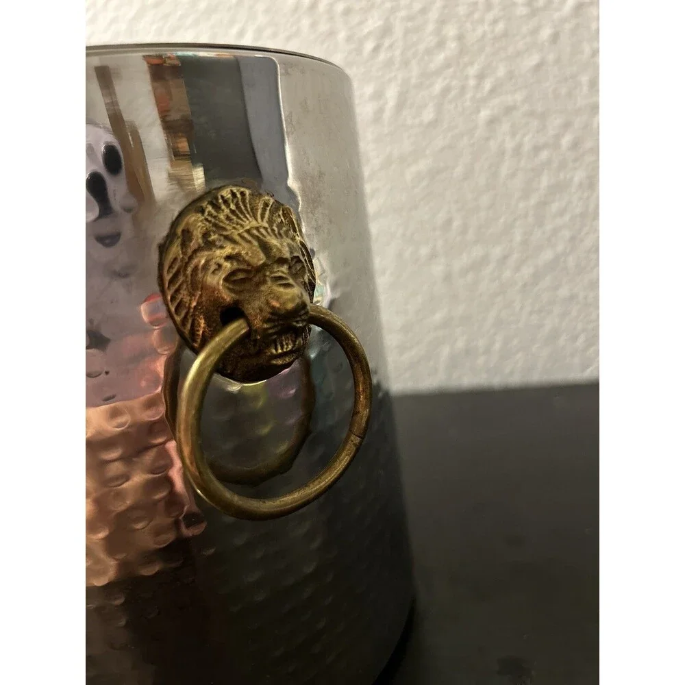 SMALL HAMMERED ICE BUCKET WITH BRASS LIONHEADS